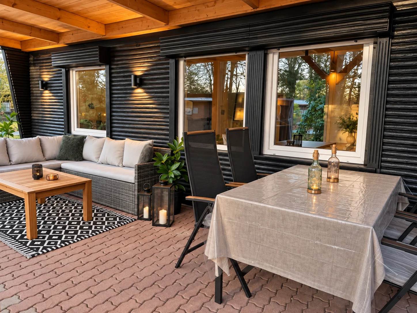 Überdachter Essplatz und Lounge auf der Terrasse von Forest Lodge I